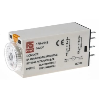 RS PRO Timer Relay 2-Contact DPDT Switch Configuration 24 V dc 24V ac 0.5 to 10 s ON Delay 179-2949