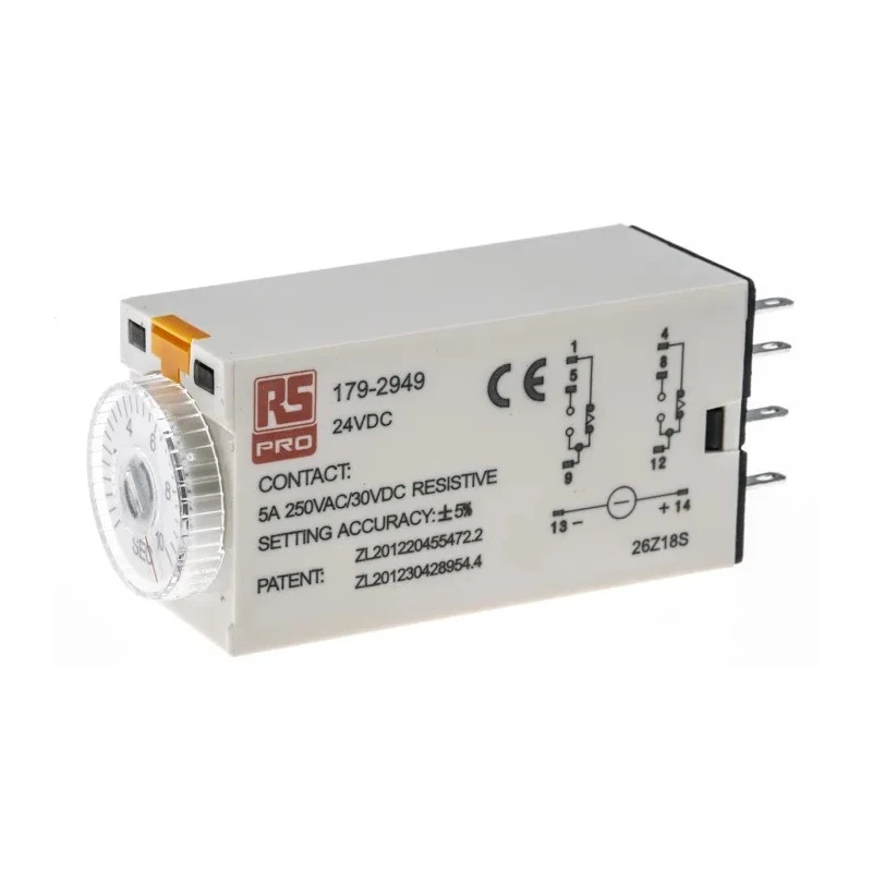 RS PRO Timer Relay 2-Contact DPDT Switch Configuration 24 V dc 24V ac 0.5 to 10 s ON Delay 179-2949
