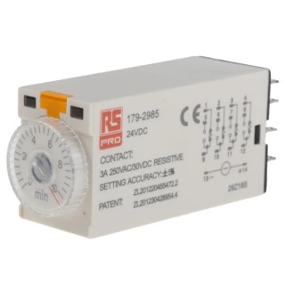 RS PRO Timer Relay 4-Contact 24 V DC 24 V AC 0.5 to 10 min On Delay 4PDT Switch Configuration 179-2985