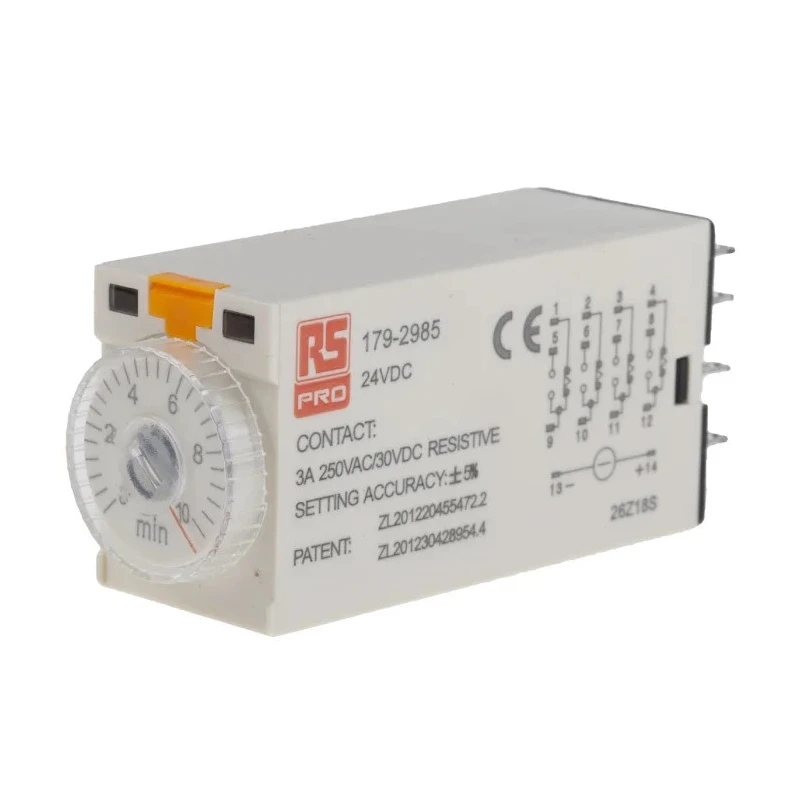 RS PRO Timer Relay 4-Contact 24 V DC 24 V AC 0.5 to 10 min On Delay 4PDT Switch Configuration 179-2985