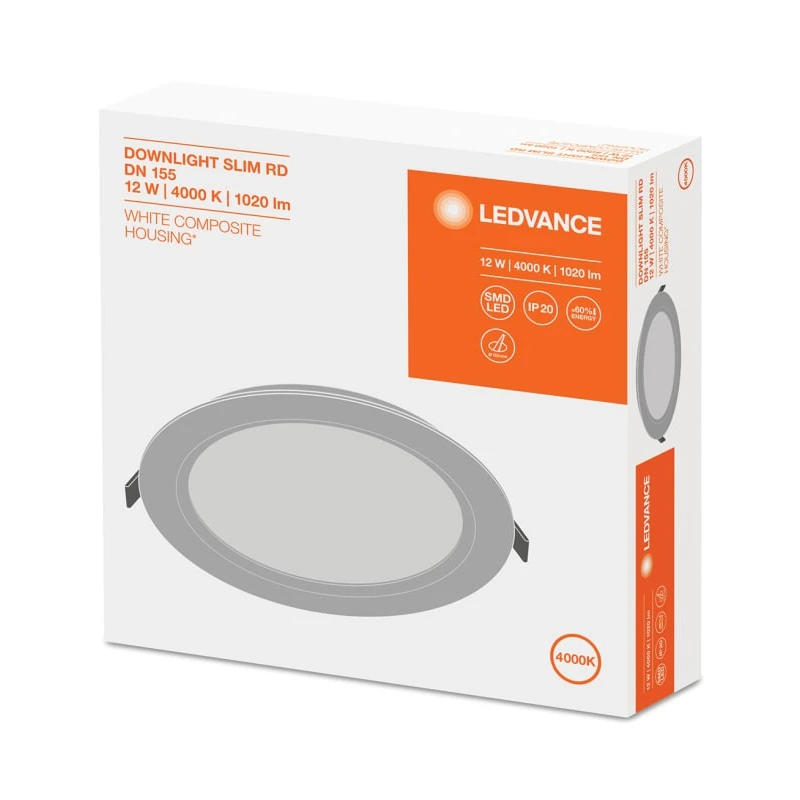 LEDVANCE DL Slim Round DN 155 LED Downlight 169 mm Diameter 30 mm Depth 220-240 V 12 W Cool White 4000 K 4058075079052