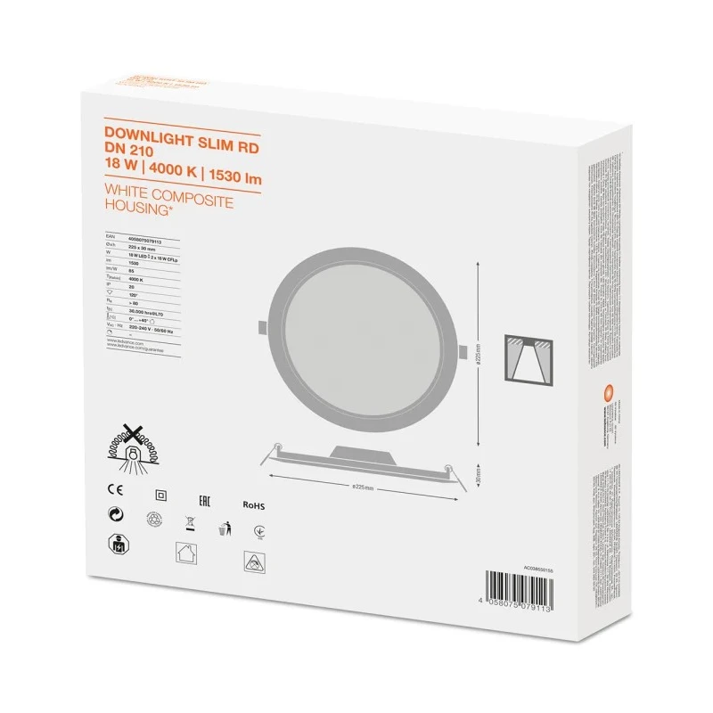 LEDVANCE LED Slim Round Downlight 225 mm Diameter 30 mm Depth 240V 18W Cool White 4000K 4058075079113