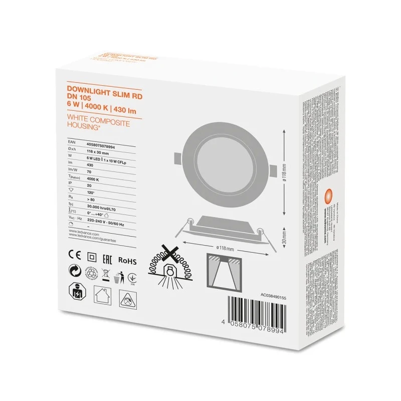 LEDVANCE LED Downlight 6W Cool White 4000K 220-240V Polycarbonate Housing 118x30mm 4058075078994
