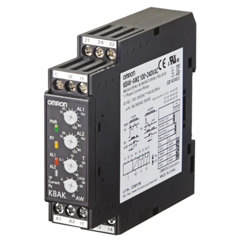 Omron Single Phase Monitoring Relay 1 Phase, SPDT Contact, DIN Rail Mount, 2mA to 500mA, 240V AC Supply K8AK-AW1 100-240VAC