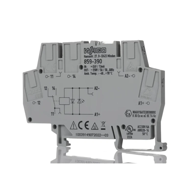 WAGO 859 Series Electromechanical Interface Relay, DIN Rail Mount, 24V DC Coil, SPDT Contact, 12mA Coil Current 859-390