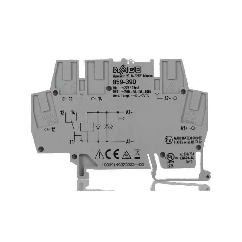 WAGO 859 Series Electromechanical Interface Relay, DIN Rail Mount, 24V DC Coil, SPDT Contact, 12mA Coil Current 859-390