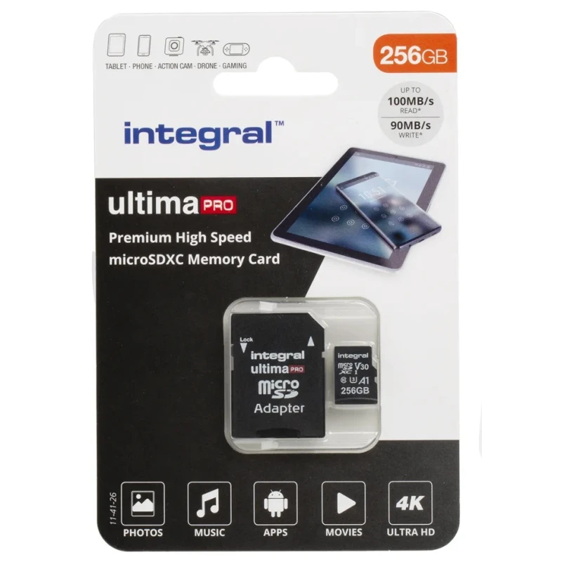 Integral Memory 256 GB MicroSDXC microSD Card Class 10 UHS 1 U3 with SD Adapter INMSDX256G-100/90V30