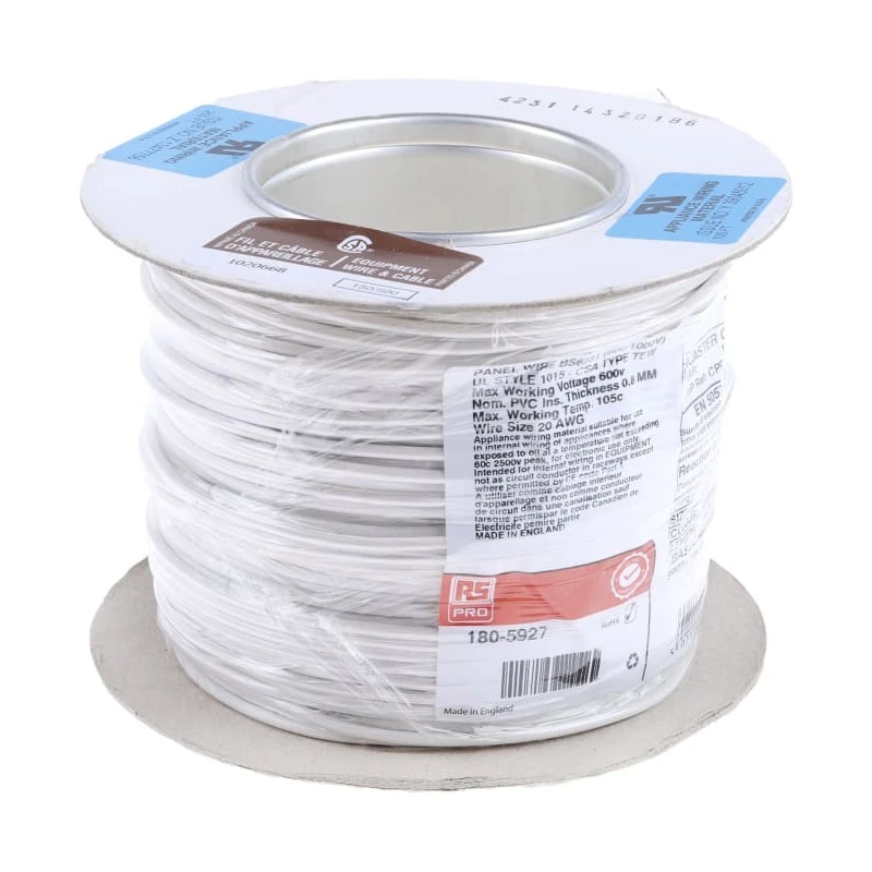 RS PRO White Hook Up Wire 20 AWG, 24/0.2 mm Strands, 100 m Length, Polyvinyl Chloride Insulation 180-5927