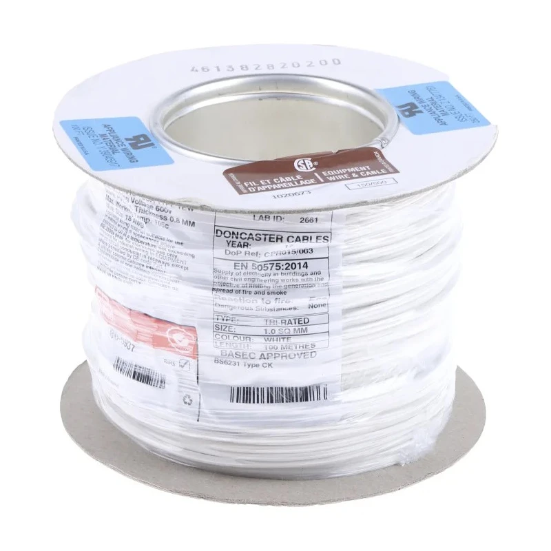 RS PRO White Hook Up Wire 18 AWG, 32/0.2 mm Core Strands, 100 m Length, Polyvinyl Chloride Jacket, Tri-Rated Cable 180-5937