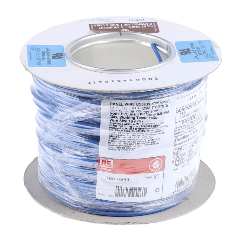 RS PRO Blue Tri-Rated Cable 18 AWG 32 x 0.2 mm Strands 100 m Polyvinyl Chloride Jacket 1600 kV DC Voltage 105°C Max 180-5941