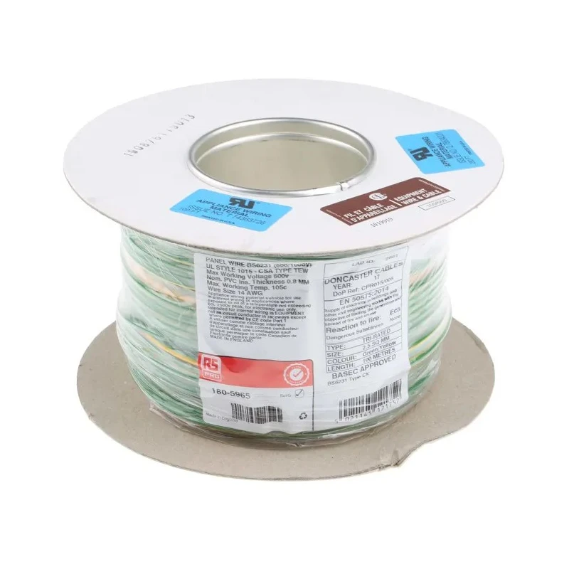 RS PRO Green Yellow Hook Up Wire 14 AWG 50x0.25 mm Core Strands 100 m Polyvinyl Chloride 180-5965