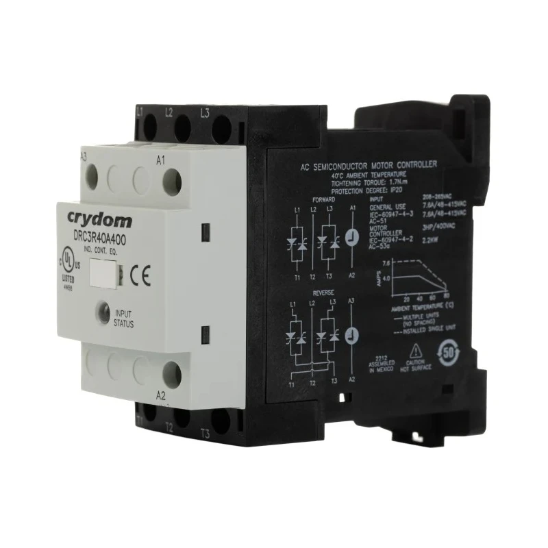 Crydom Solid State Relay DIN Rail Mount, 7.6 A Load, 400 V AC Load, 208-265 V AC Control, DRC3R40A400