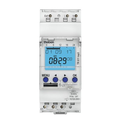 Theben Digital DIN Rail Time Switch 230V AC, Weekly Program, 84 Memory Spaces, Lithium Battery 10 Year Life Top3 TR611