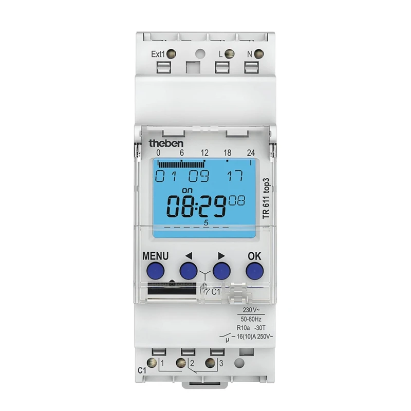 Theben Digital DIN Rail Time Switch 230V AC, Weekly Program, 84 Memory Spaces, Lithium Battery 10 Year Life Top3 TR611