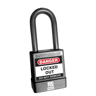RS PRO Black Safety Lockout Padlock with ABS, Steel, Polyvinyl Chloride Body, 6 mm Shackle Diameter, Model 180-6831