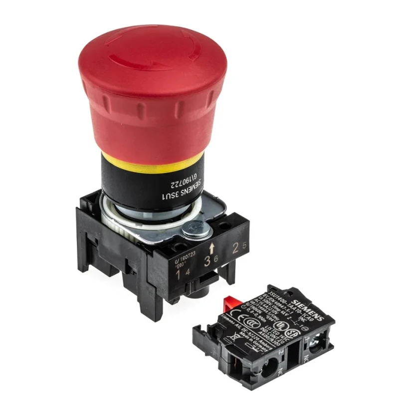 Siemens SIRIUS ACT 3SU11 Series Twist Release Emergency Stop Push Button, Panel Mount, 22mm Cutout, 1 NC 3SU1100-1HB20-1CF0
