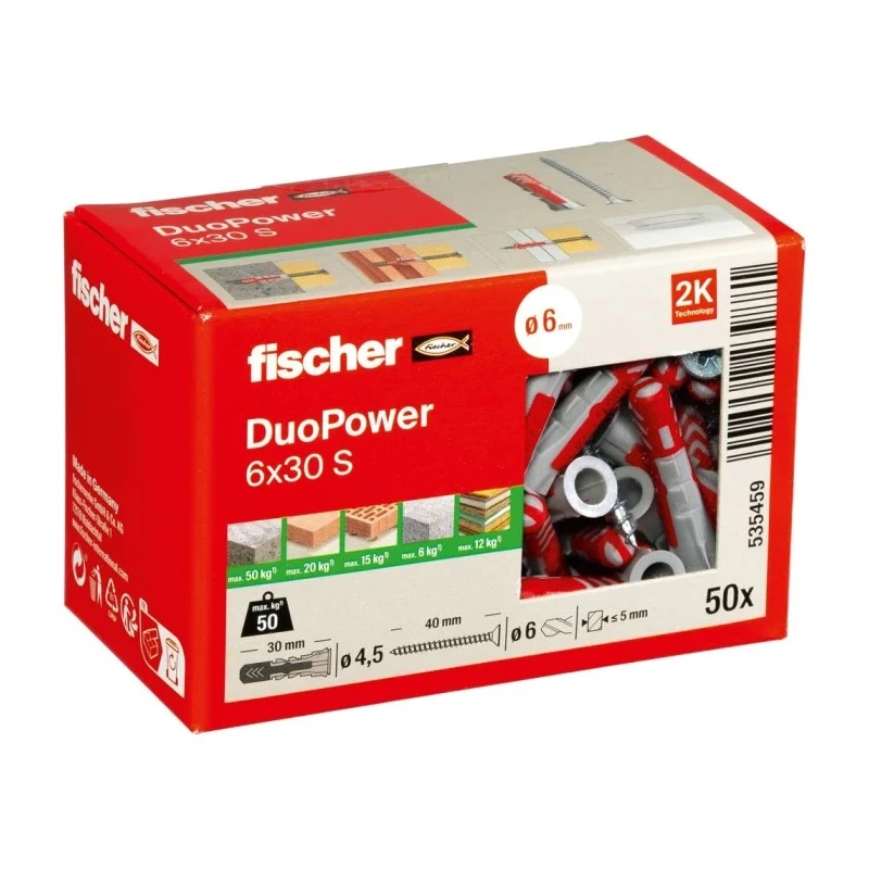 Fischer Fixings Screw Anchor Thread Size 4.5 x 40 mm, Length 30 mm, Drill Diameter 6 mm, Maximum Fixing Thickness 5 mm 535459