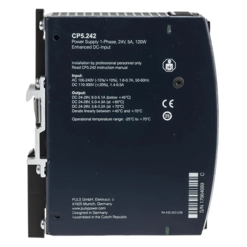 PULS CP DIN Rail Power Supply 120 W 24 V DC Output 5 A AC/DC Input 100-240 V CP5.242