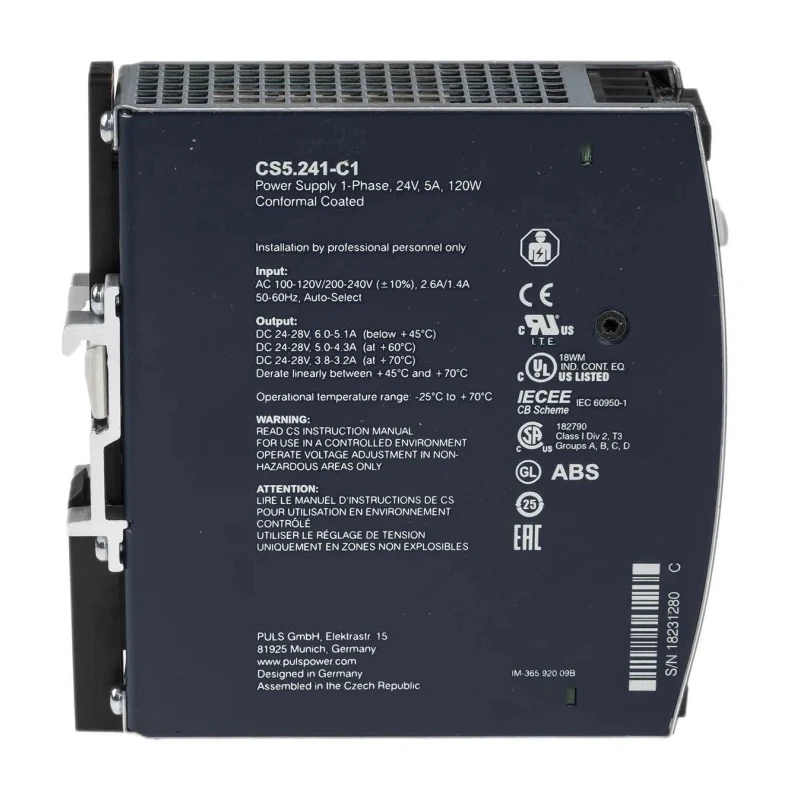 PULS Auto DIN Rail Power Supply 120V AC, 240V AC Input 24V DC, 5A Output, 120W Power CS5.241-C1