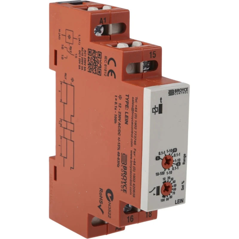 Broyce Control LEIN Series DIN Rail Timer Relay 1-Contact 230 V dc 12V ac 230 V ac 0.1 s to 100 h SPDT LEIN 12-230V AC/DC