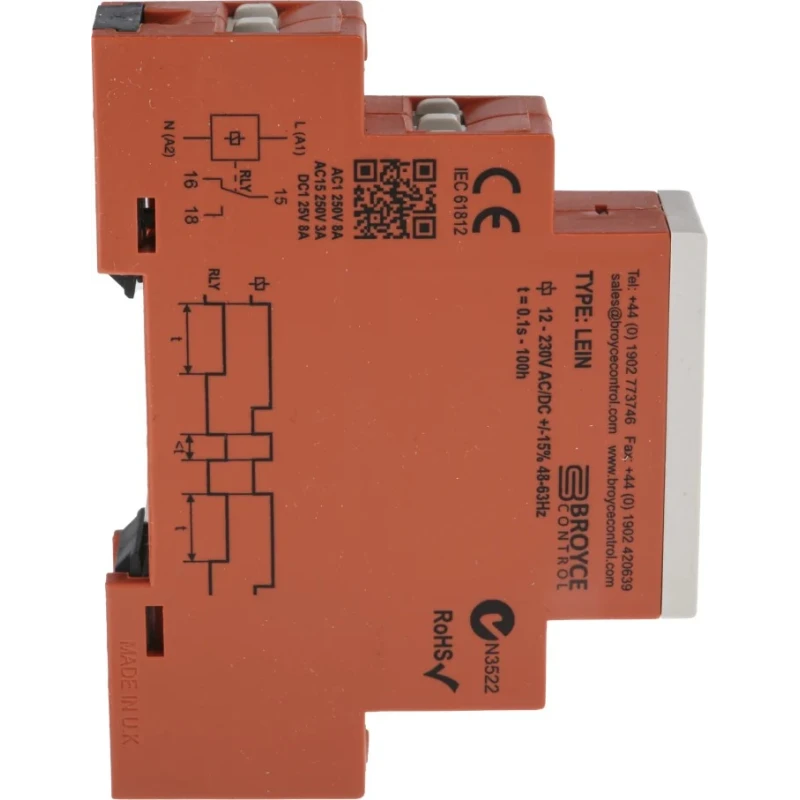 Broyce Control LEIN Series DIN Rail Timer Relay 1-Contact 230 V dc 12V ac 230 V ac 0.1 s to 100 h SPDT LEIN 12-230V AC/DC
