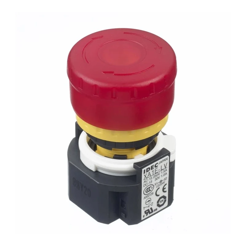 Idec Twist Release Illuminated Emergency Stop Push Button Panel Mount 16mm Cutout 2 NC IP65 XA1E-LV302Q4R