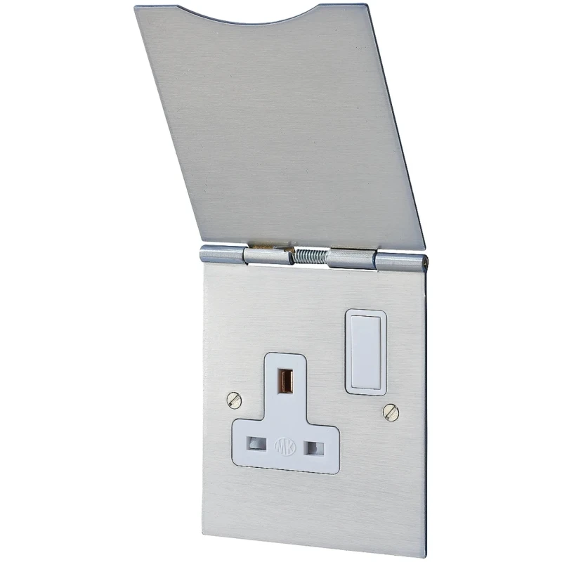 MK Electric 13A Satin Gold, Black, Blue, Brushed Chrome, Grey, White 1 Gang Plug Socket Albany Plus Indoor Type G 740BRC