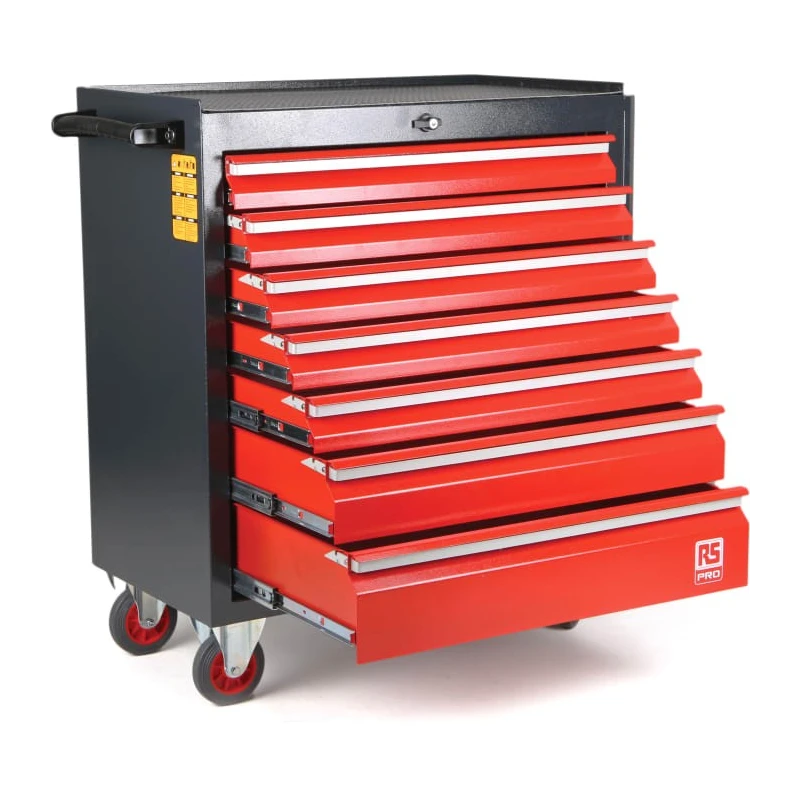 RS PRO 7 Drawer Wheeled Roller Cabinet Steel Mobile Tool Storage 710mm x 450mm x 975mm 66.4kg 833-5900