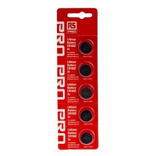 RS PRO CR1632 Button Battery, Lithium Manganese Dioxide Chemistry, 3 V, 16 mm Diameter, 120 mAh Capacity, Pack of 5 183-4298