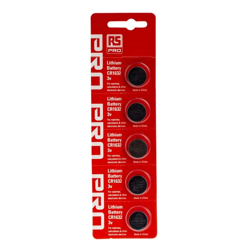 RS PRO CR1632 Button Battery, Lithium Manganese Dioxide Chemistry, 3 V, 16 mm Diameter, 120 mAh Capacity, Pack of 5 183-4298