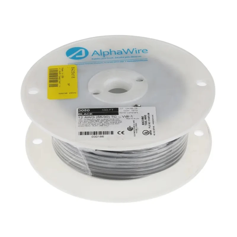Alpha Wire Hookup Wire PVC Series Black 3.3 mm² 12 AWG Tinned Copper, 65x0.25 mm² Strands, 30 m Length, 600V 3080 BK005