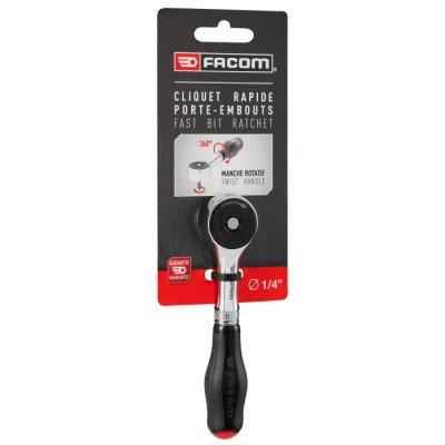 Facom 1/4 in Ratchet with Bi-Material Elastomer Handle Chrome Vanadium Steel Satin Chrome 120mm R.PE360PB
