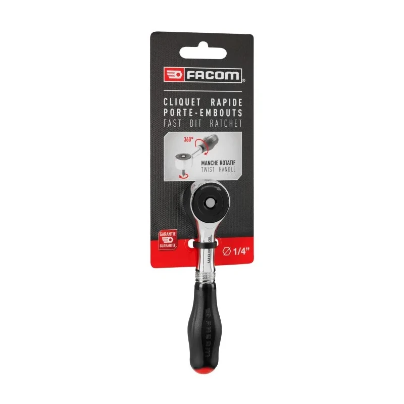 Facom 1/4 in Ratchet with Bi-Material Elastomer Handle Chrome Vanadium Steel Satin Chrome 120mm R.PE360PB