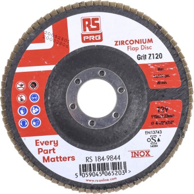 RS PRO Zirconium Flap Disc, 115 mm Diameter, P120 Grit, Quick Change 184-9844