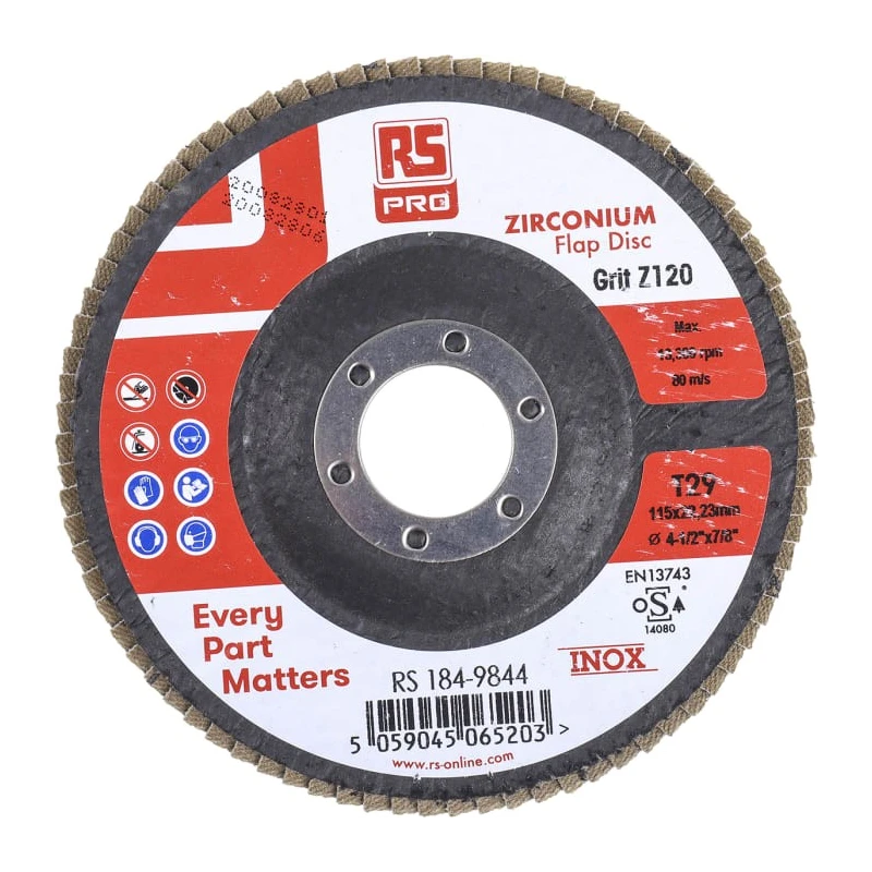 RS PRO Zirconium Flap Disc, 115 mm Diameter, P120 Grit, Quick Change 184-9844