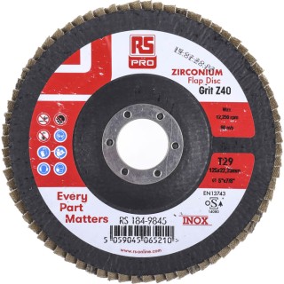 RS PRO Zirconium Flap Disc Abrasive Disc 125 mm Diameter Coarse Grade P40 Grit Quick Change Maximum Speed 12250 rpm 184-9845