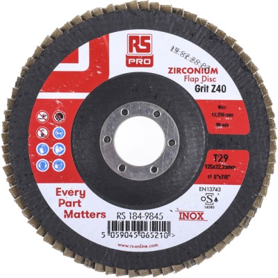 RS PRO Zirconium Flap Disc Abrasive Disc 125 mm Diameter Coarse Grade P40 Grit Quick Change Maximum Speed 12250 rpm 184-9845