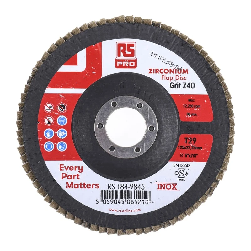 RS PRO Zirconium Flap Disc Abrasive Disc 125 mm Diameter Coarse Grade P40 Grit Quick Change Maximum Speed 12250 rpm 184-9845