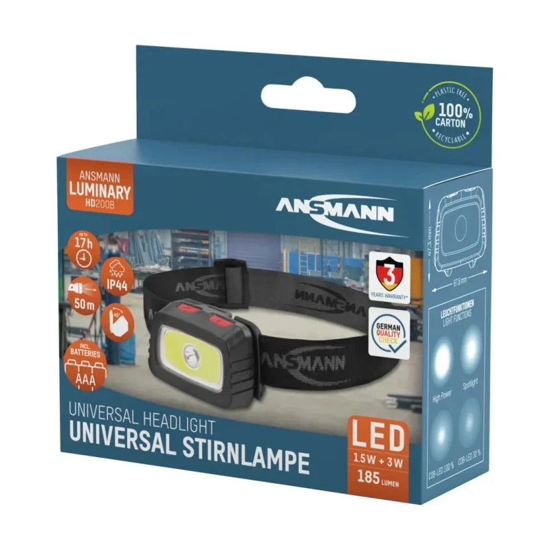Ansmann LED Head Torch 185 lm Luminosity IP44 Splash Resistant Black ABS Housing 3x AAA Batteries 1600-0198