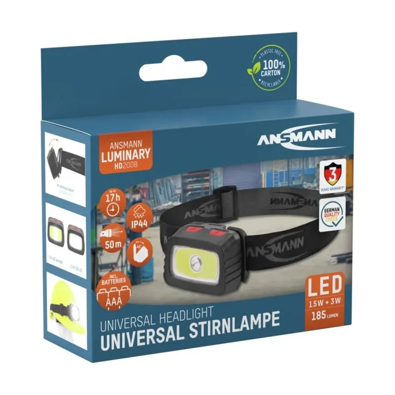 Ansmann LED Head Torch 185 lm Luminosity IP44 Splash Resistant Black ABS Housing 3x AAA Batteries 1600-0198