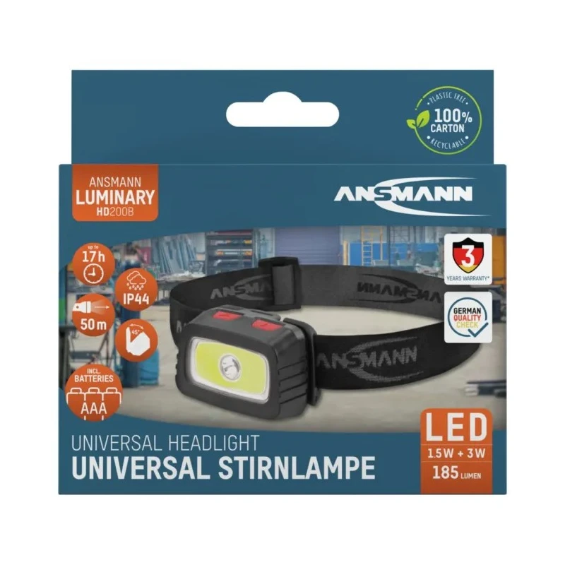 Ansmann LED Head Torch 185 lm Luminosity IP44 Splash Resistant Black ABS Housing 3x AAA Batteries 1600-0198