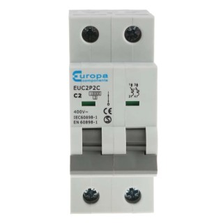 Europa Miniature Circuit Breaker, 2-Pole, 2A Current Rating, Type C Tripping, 400V AC Voltage, 10kA Breaking Capacity EUC2P