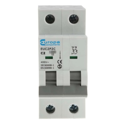 Europa Miniature Circuit Breaker, 2-Pole, 2A Current Rating, Type C Tripping, 400V AC Voltage, 10kA Breaking Capacity EUC2P