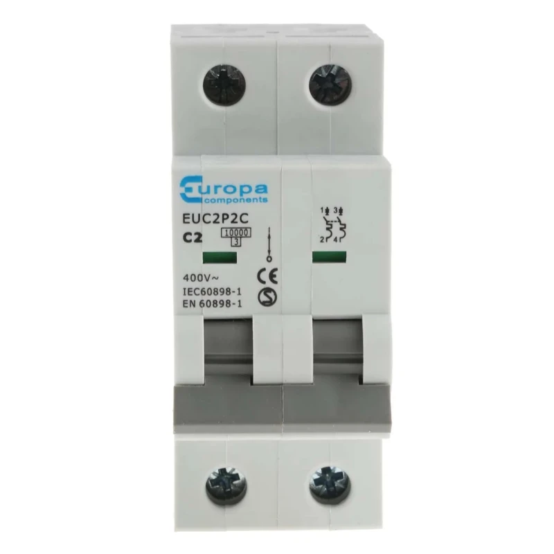 Europa Miniature Circuit Breaker, 2-Pole, 2A Current Rating, Type C Tripping, 400V AC Voltage, 10kA Breaking Capacity EUC2P
