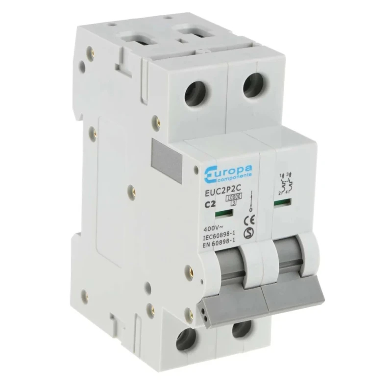 Europa Miniature Circuit Breaker, 2-Pole, 2A Current Rating, Type C Tripping, 400V AC Voltage, 10kA Breaking Capacity EUC2P