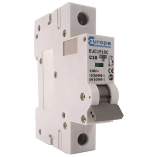 Europa Miniature Circuit Breaker, 1-Pole, 16A, Type C Tripping, 400V AC, 10 kA Breaking Capacity EUC1P