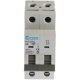 Europa Miniature Circuit Breaker, 2-Pole, 6A, Type C, 400V AC, 10 kA Breaking Capacity EUC2P