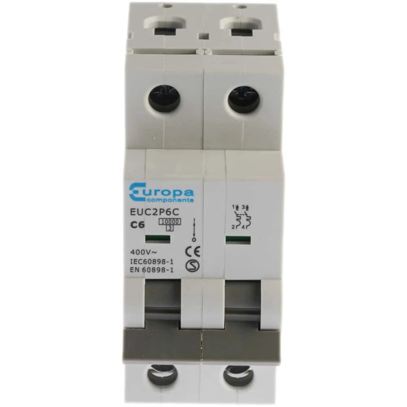 Europa Miniature Circuit Breaker, 2-Pole, 6A, Type C, 400V AC, 10 kA Breaking Capacity EUC2P