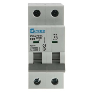 Europa Miniature Circuit Breaker 2-Pole 10A Type C 400V AC 10 kA Breaking Capacity EUC2P