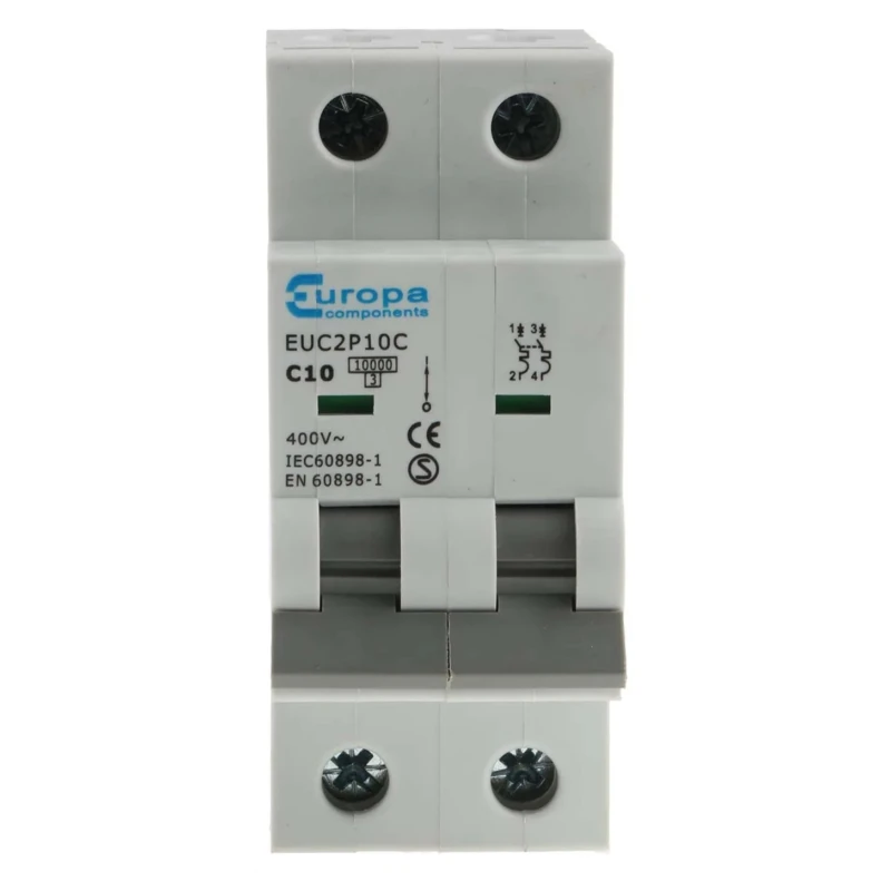 Europa Miniature Circuit Breaker 2-Pole 10A Type C 400V AC 10 kA Breaking Capacity EUC2P